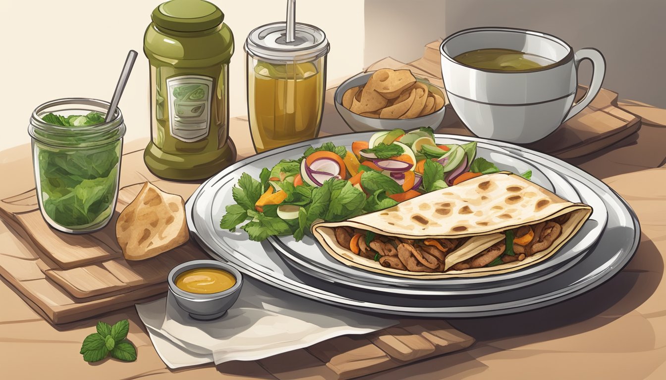 A plate of shawarma surrounded by pita bread, hummus, and pickled vegetables. A glass of mint tea sits beside it