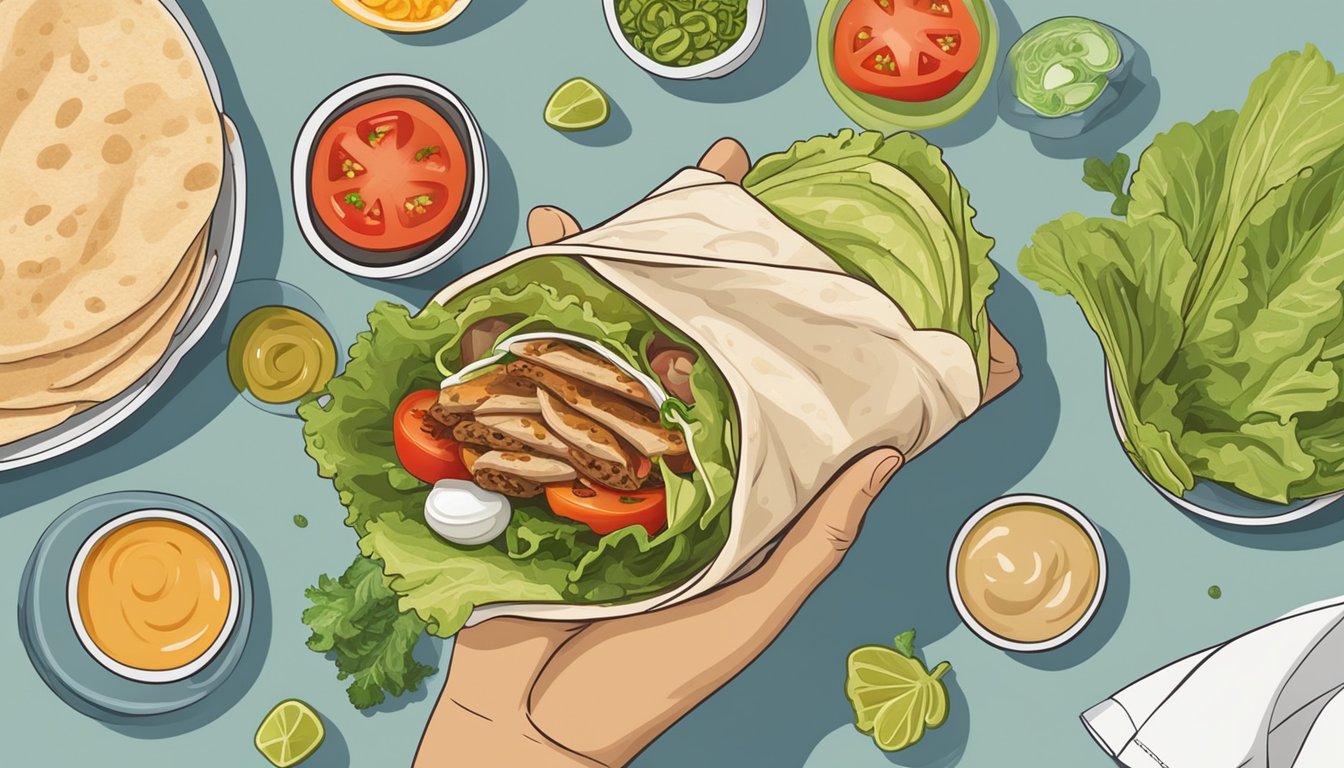 A person's hand holding a shawarma wrap, surrounded by various ingredients such as lettuce, tomatoes, and pickles, with a side of tahini sauce