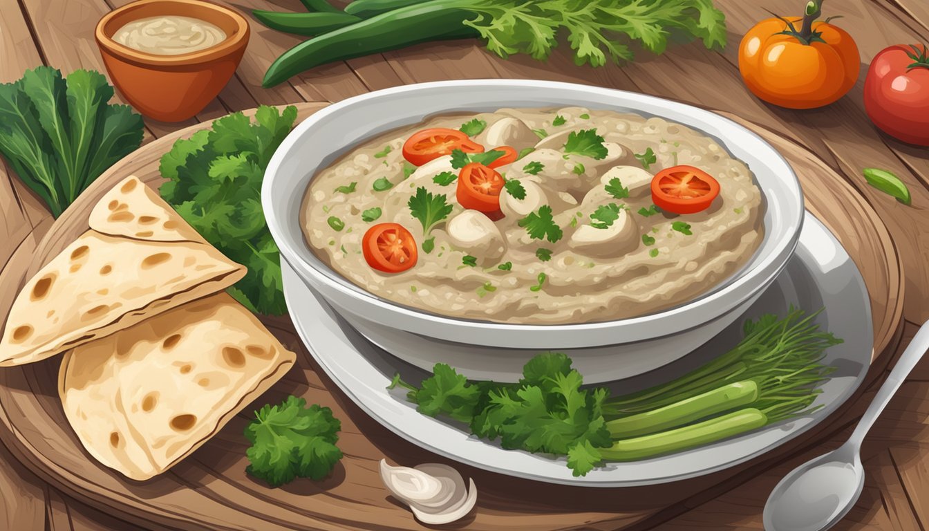 A bowl of baba ganoush with a side of pita bread and fresh vegetables on a wooden table