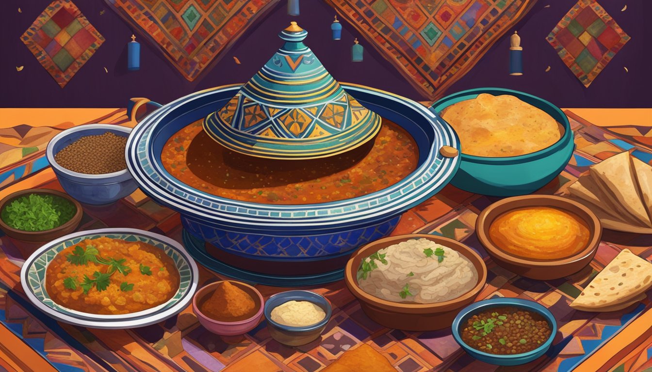 A steaming tagine sits on a colorful Moroccan table, surrounded by warm pita bread and a variety of aromatic spices