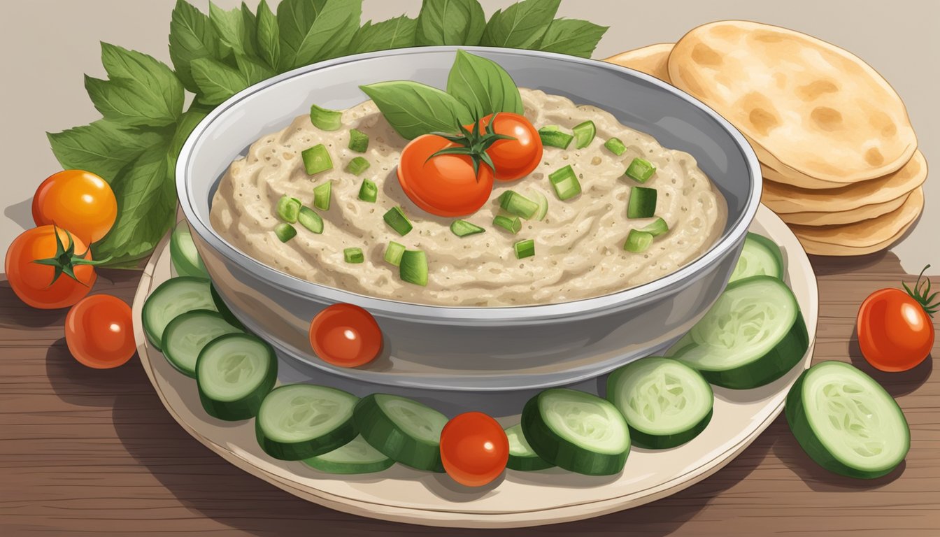 A bowl of baba ganoush surrounded by pita bread, cucumber slices, and cherry tomatoes