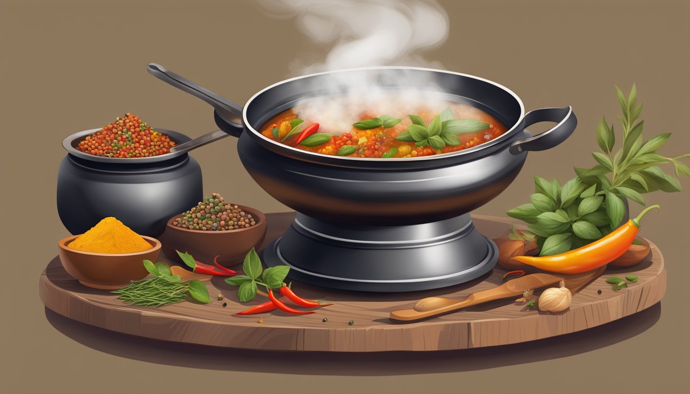 A steaming tagine sits on a rustic table, surrounded by colorful spices and fresh herbs. A pair of tongs lifts the lid, releasing the aromatic steam