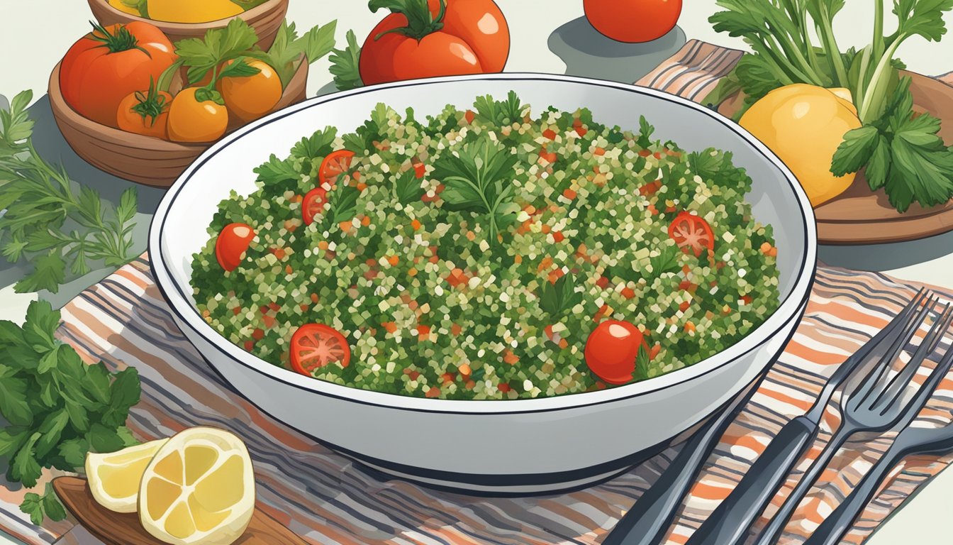 A bowl of tabbouleh sits on a patterned tablecloth, surrounded by fresh herbs and vegetables. A fork is poised to scoop up a bite