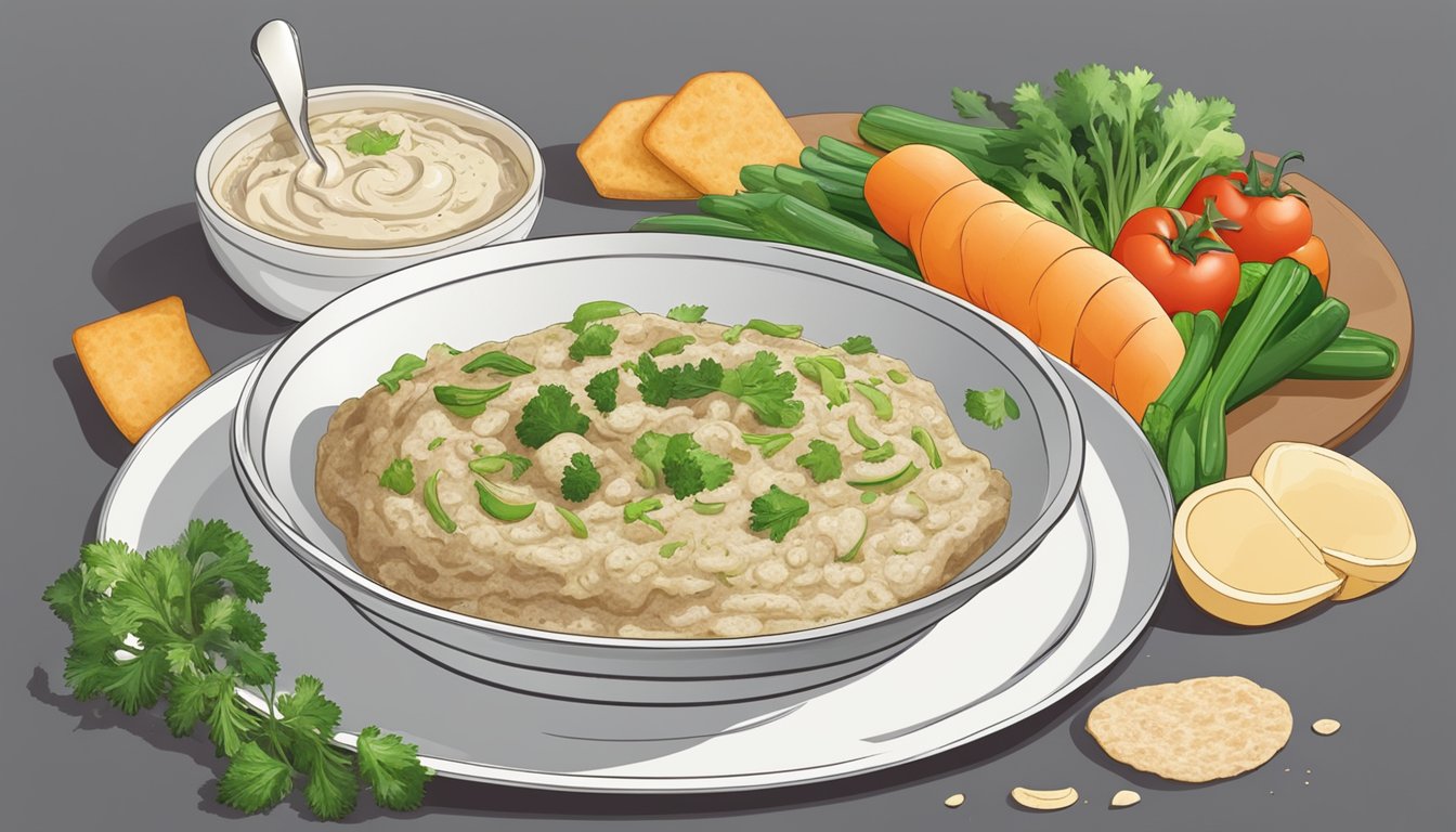 A plate of baba ganoush surrounded by sliced vegetables and pita bread, with a spoonful being scooped up to eat