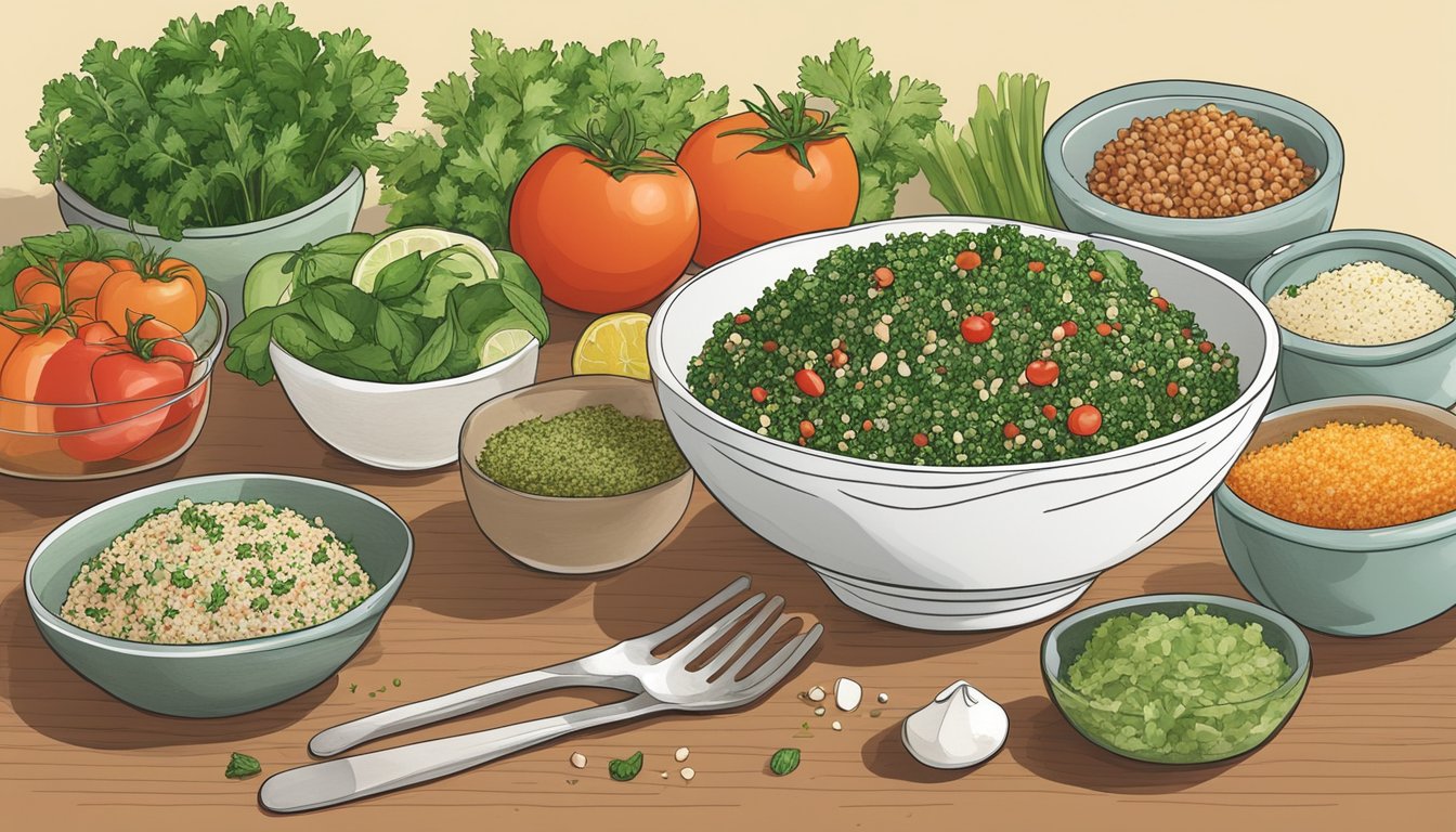 A bowl of tabbouleh surrounded by fresh ingredients and alternative substitutes, ready to be enjoyed