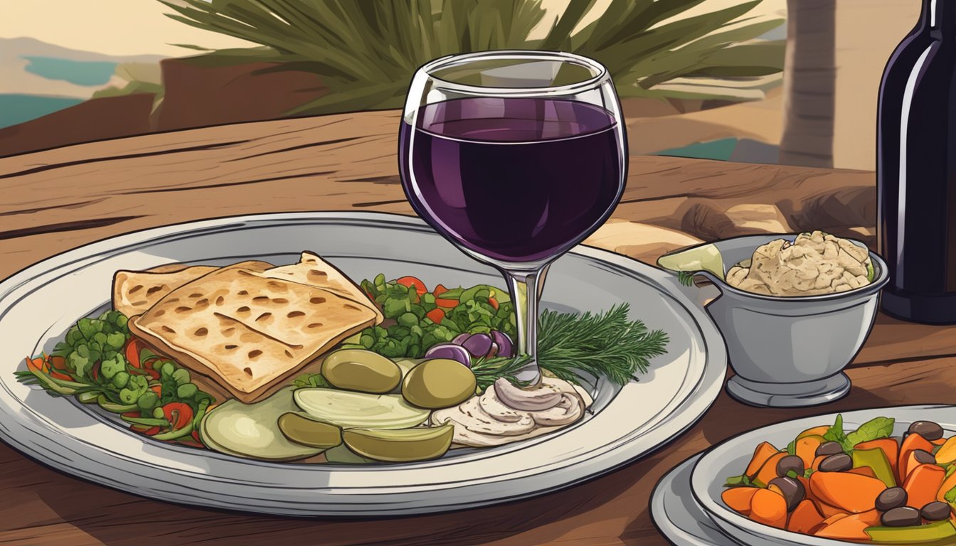 A plate of baba ganoush sits next to warm pita bread, olives, and sliced vegetables on a rustic wooden table. A glass of red wine complements the spread