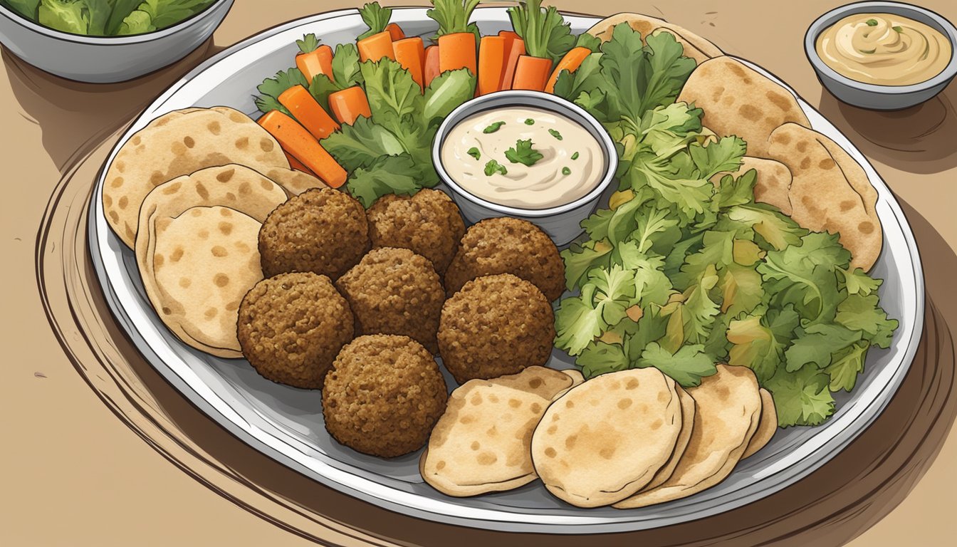 A plate of falafel surrounded by pita bread, hummus, and fresh vegetables, with a small dish of tahini sauce for dipping