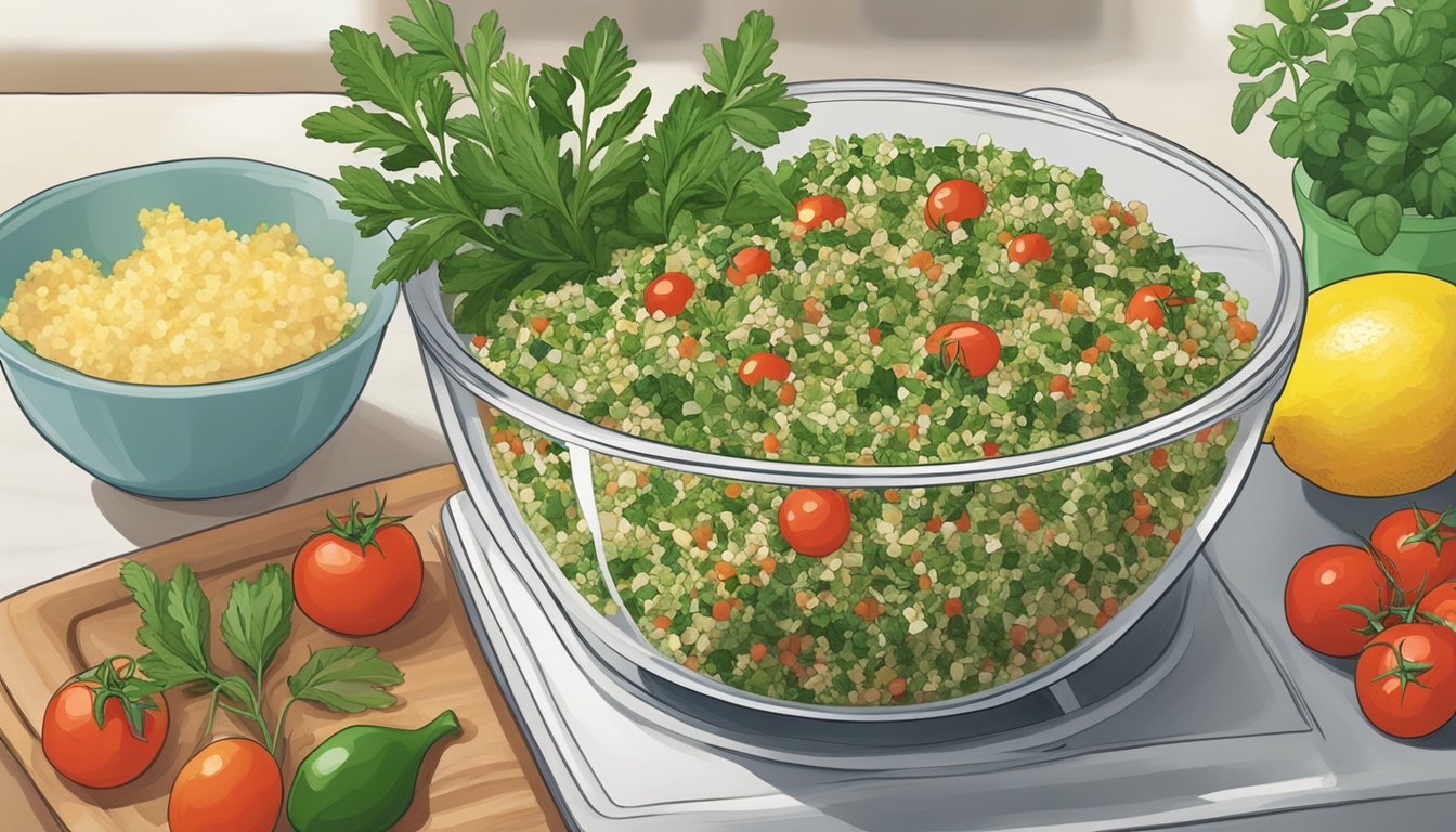 A bowl of tabbouleh sits on a kitchen counter, surrounded by fresh herbs, tomatoes, and a lemon. A container of tabbouleh is being stored in the fridge