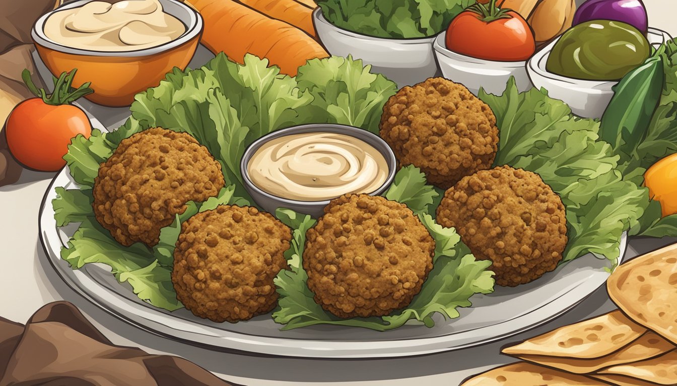 A plate of falafel surrounded by fresh vegetables and pita bread, with a side of hummus and tahini sauce