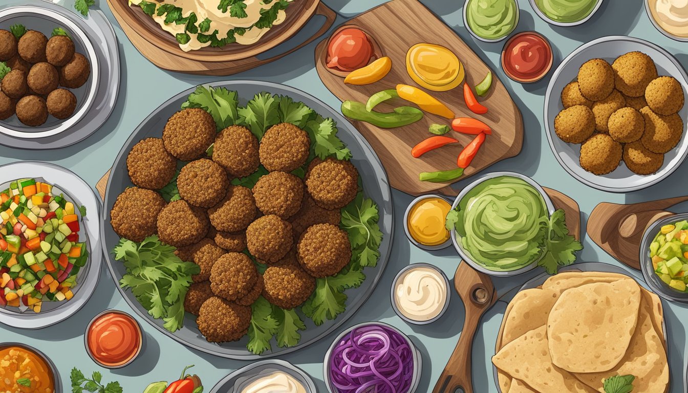 A plate of falafel surrounded by a variety of colorful and vibrant side dishes and condiments, such as hummus, tahini, pickles, and fresh vegetables