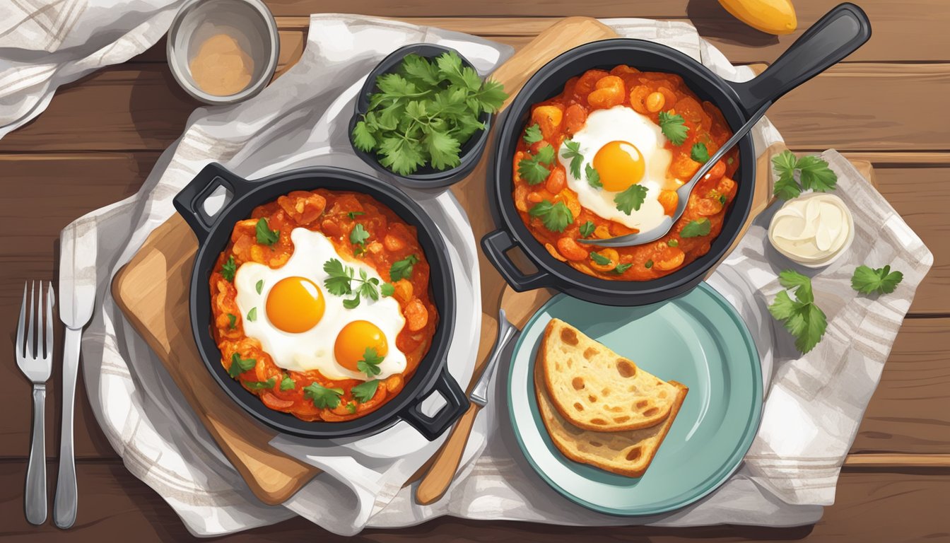 A table set with a colorful plate of shakshuka, a piece of crusty bread, and a fork ready to dig in