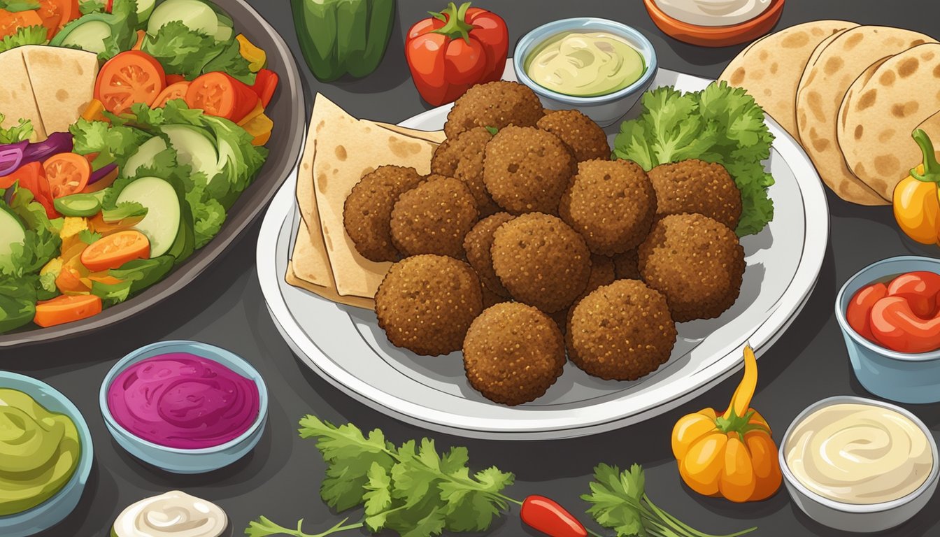 A plate of falafel surrounded by a variety of colorful vegetables and sauces, with a side of pita bread