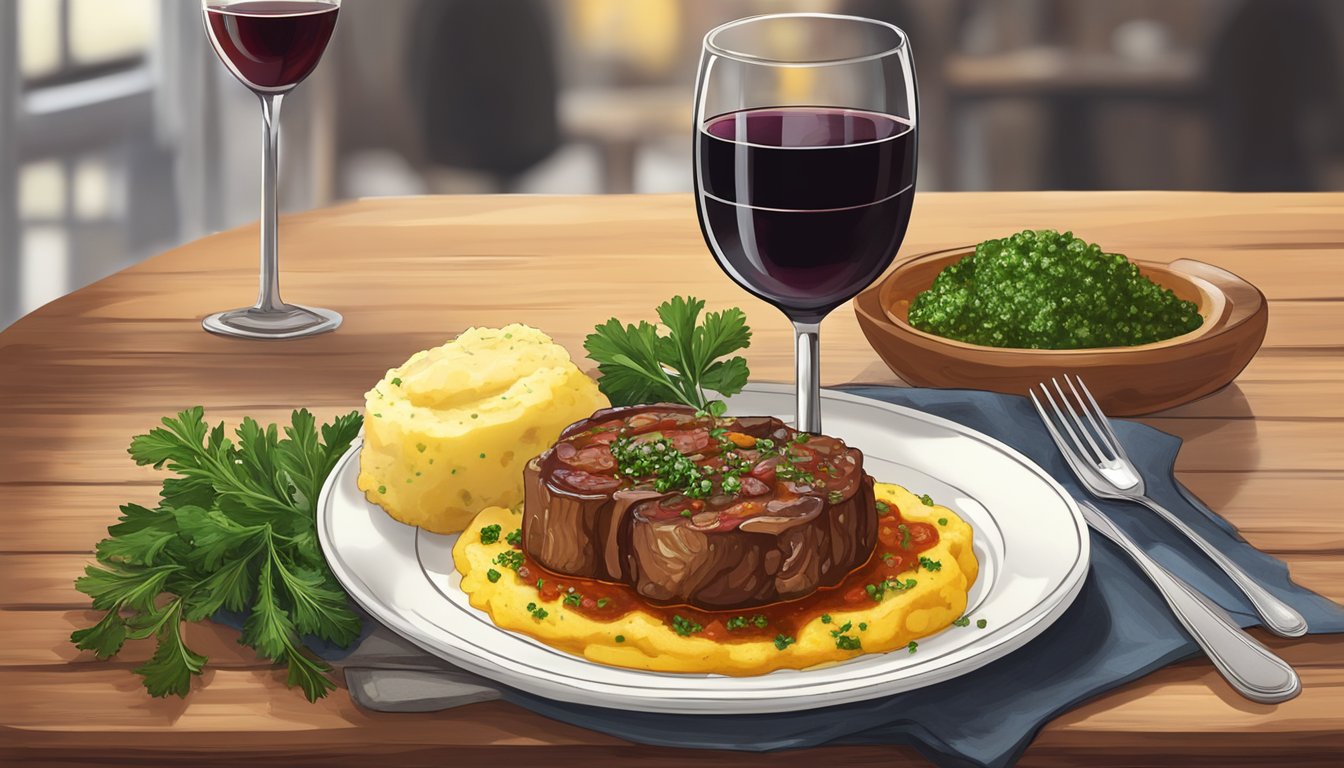 A plate of osso buco with gremolata on a rustic wooden table, accompanied by a side of creamy polenta and a glass of red wine