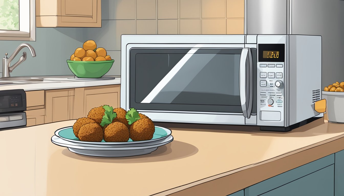 A plate of falafel sits next to a microwave. The falafel is being reheated inside the microwave