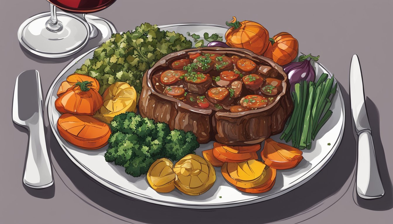 A plate of osso buco with gremolata on top, surrounded by a colorful array of roasted vegetables and a glass of red wine