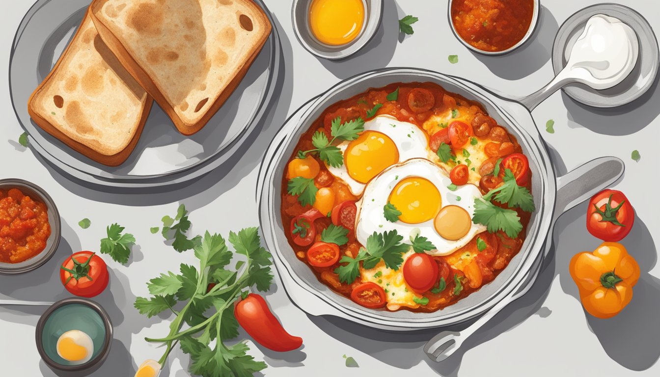 A plate of shakshuka with eggs, tomatoes, and bell peppers, served with a side of crusty bread and a small dish of harissa