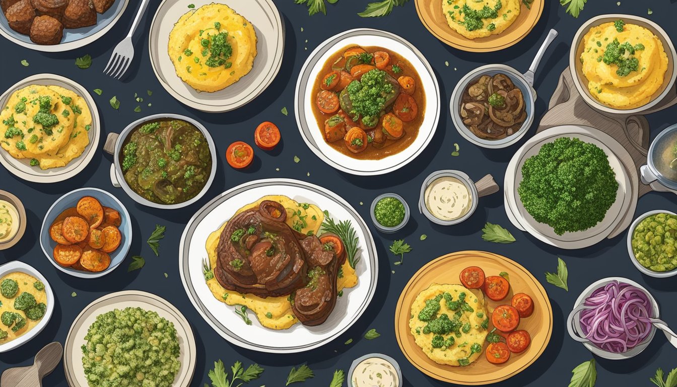 A plate of osso buco surrounded by vibrant side dishes, such as creamy polenta, gremolata, and roasted vegetables