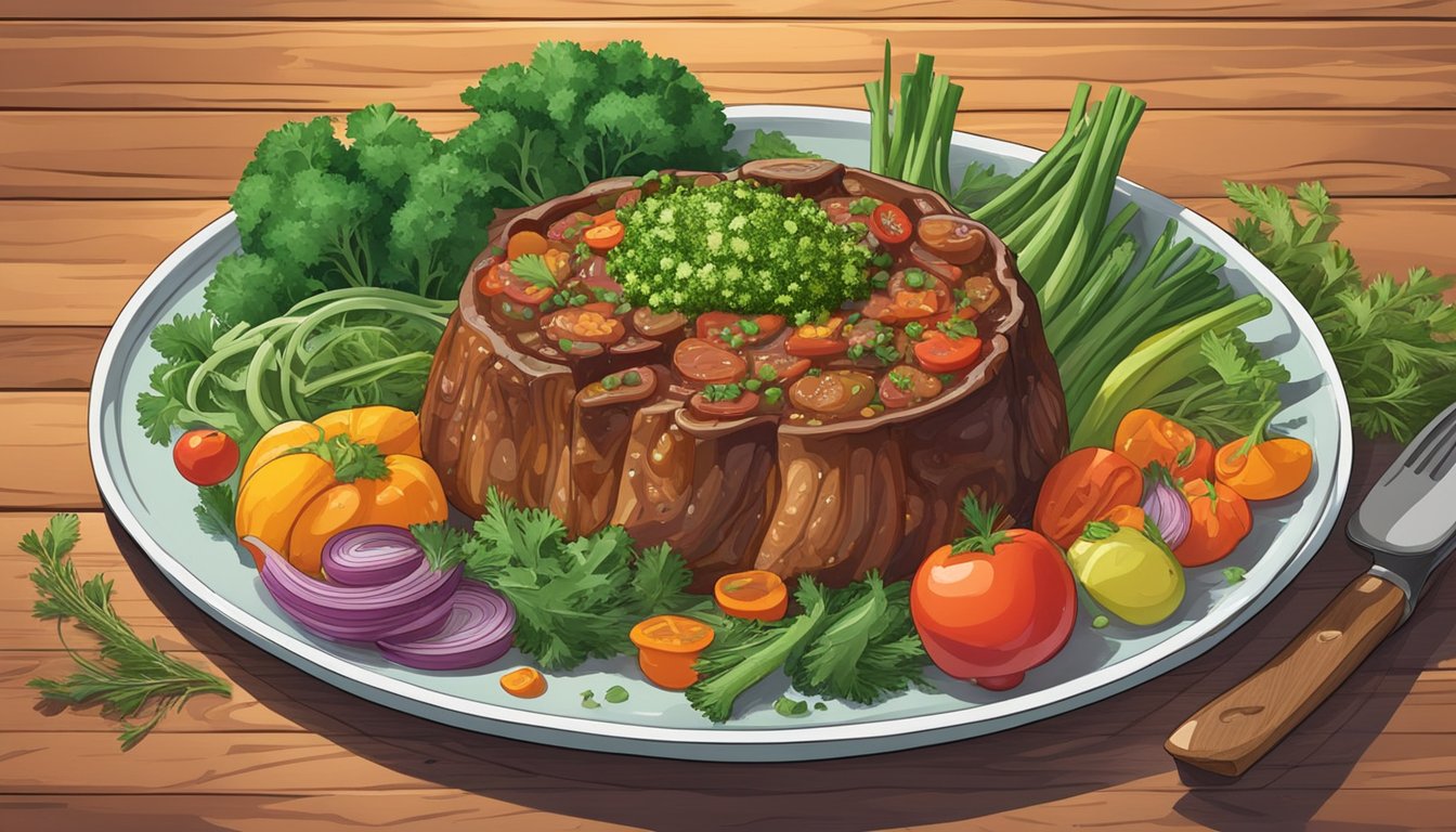 A plate of osso buco topped with gremolata, surrounded by a colorful array of vegetables and herbs, set on a rustic wooden table