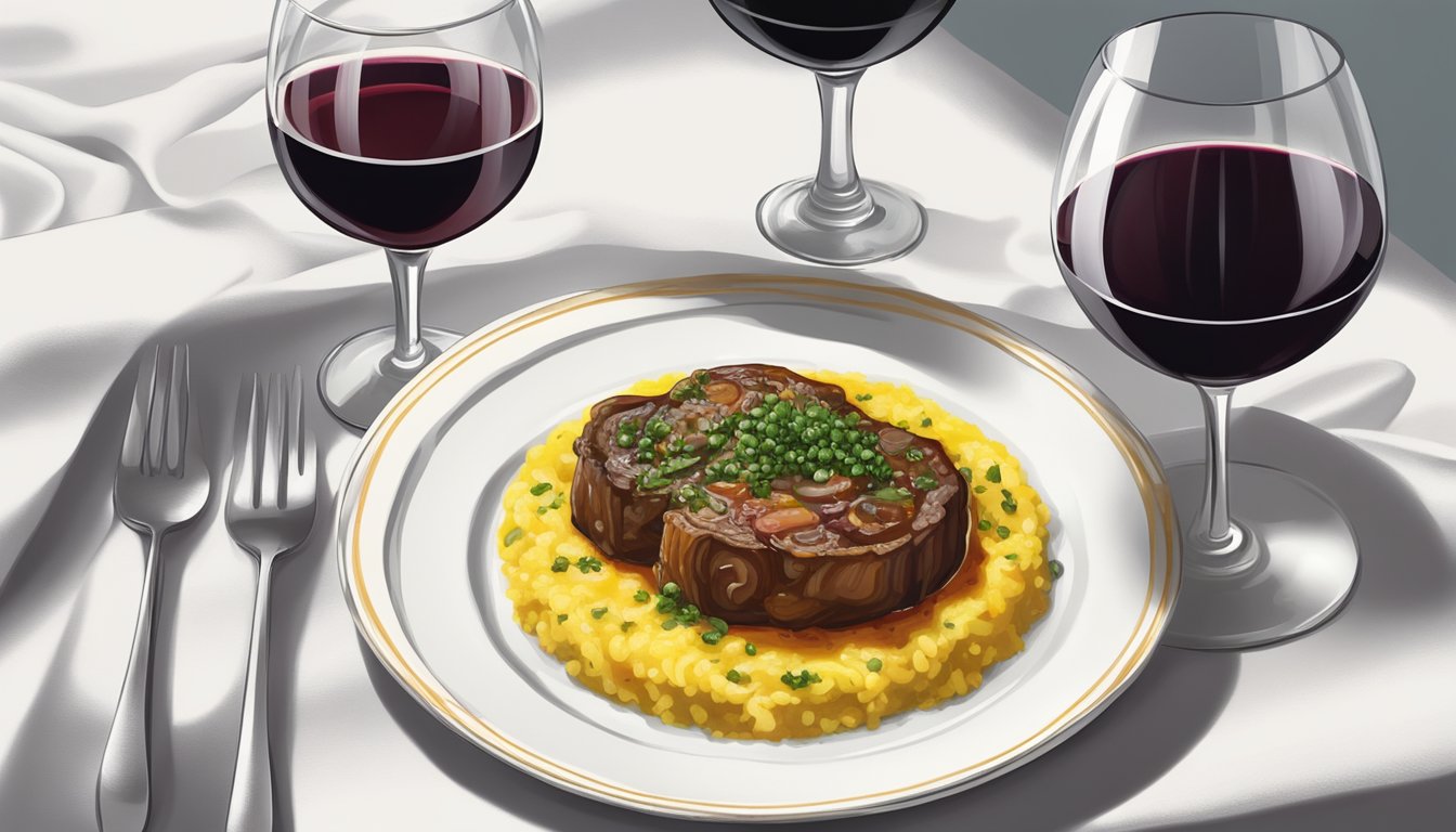 A plate of osso buco with gremolata on a white tablecloth, accompanied by a side of saffron risotto and a glass of red wine