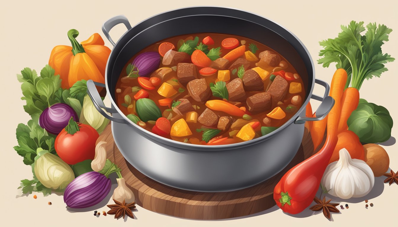 A steaming pot of goulash simmering over an open fire, surrounded by colorful vegetables and spices