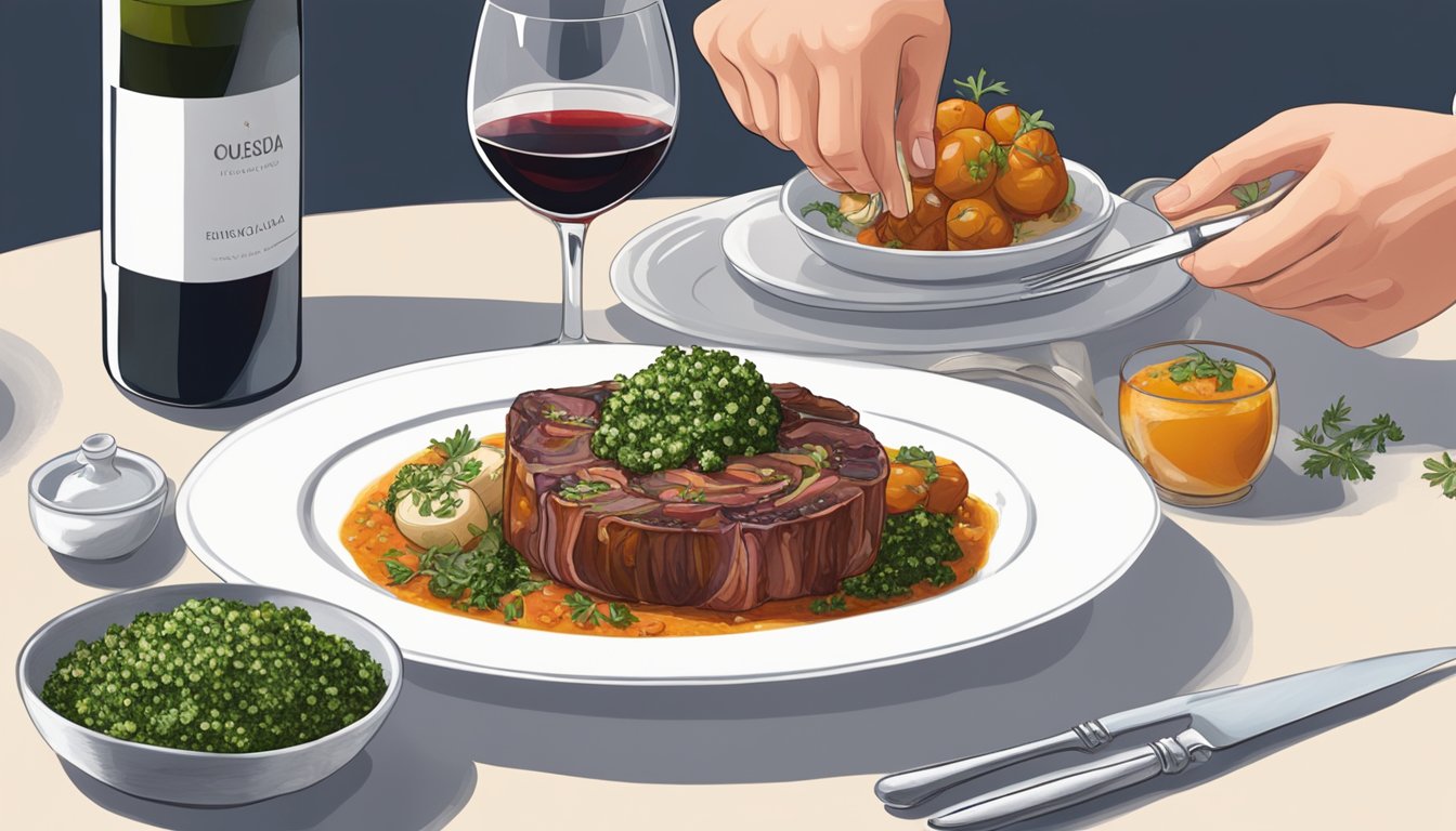 A person slicing into a tender osso buco with a knife and fork, revealing the rich, marrow-filled center. The dish is accompanied by a side of gremolata and a glass of red wine