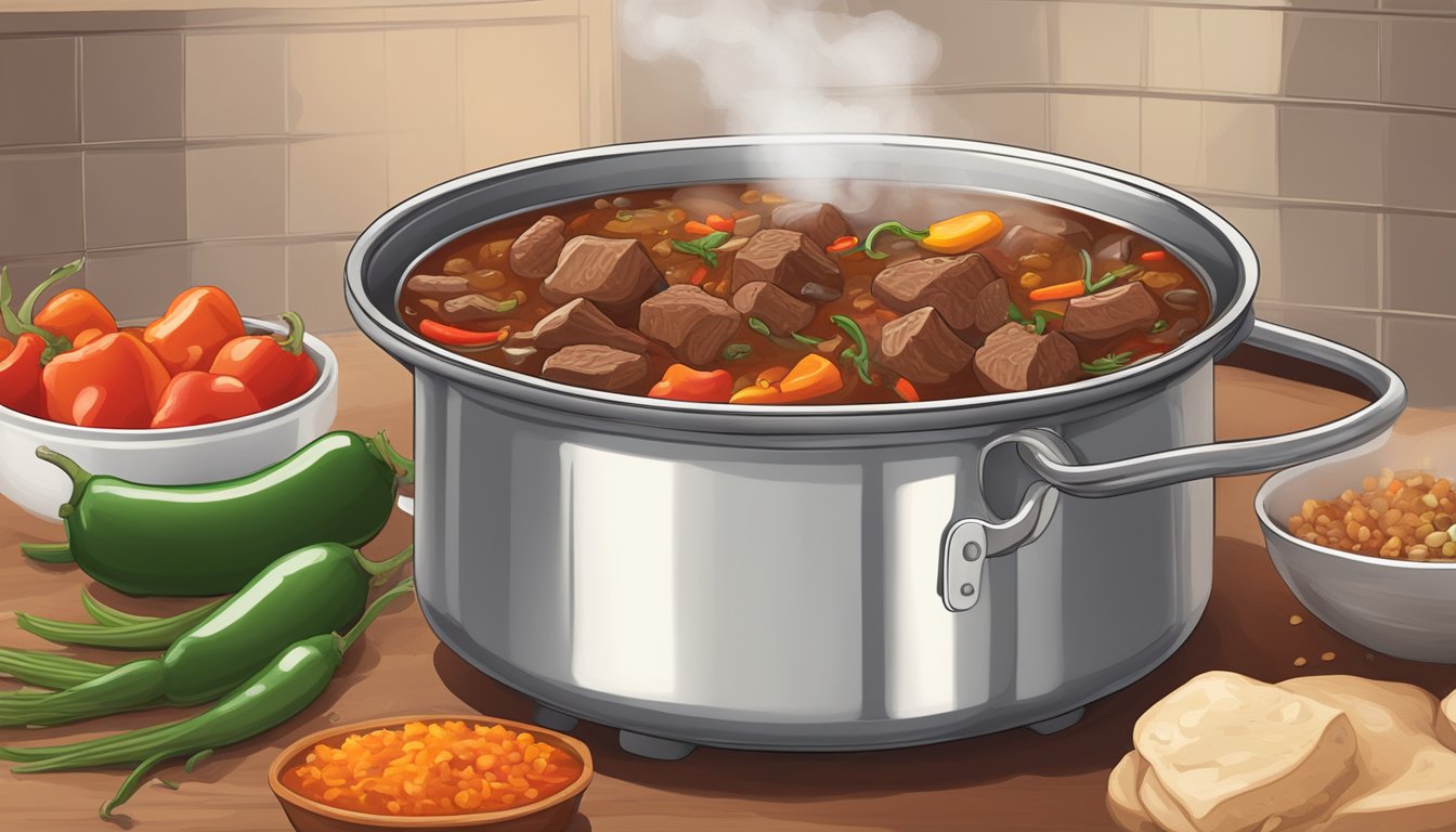 A steaming pot of goulash simmering on a stove, surrounded by paprika, caraway seeds, onions, peppers, and chunks of tender beef