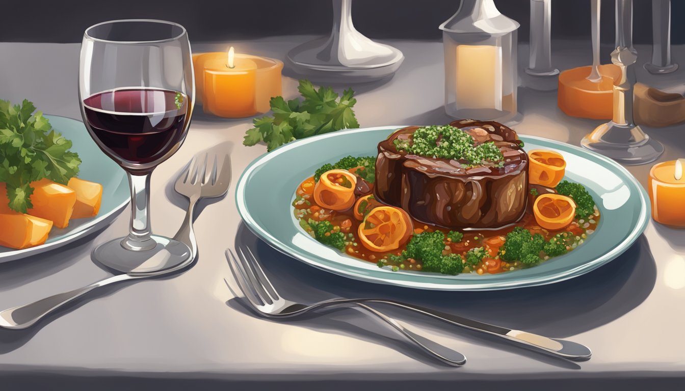 A table set with a plate of osso buco, accompanied by a fork and knife. A glass of red wine and a side of gremolata complete the scene