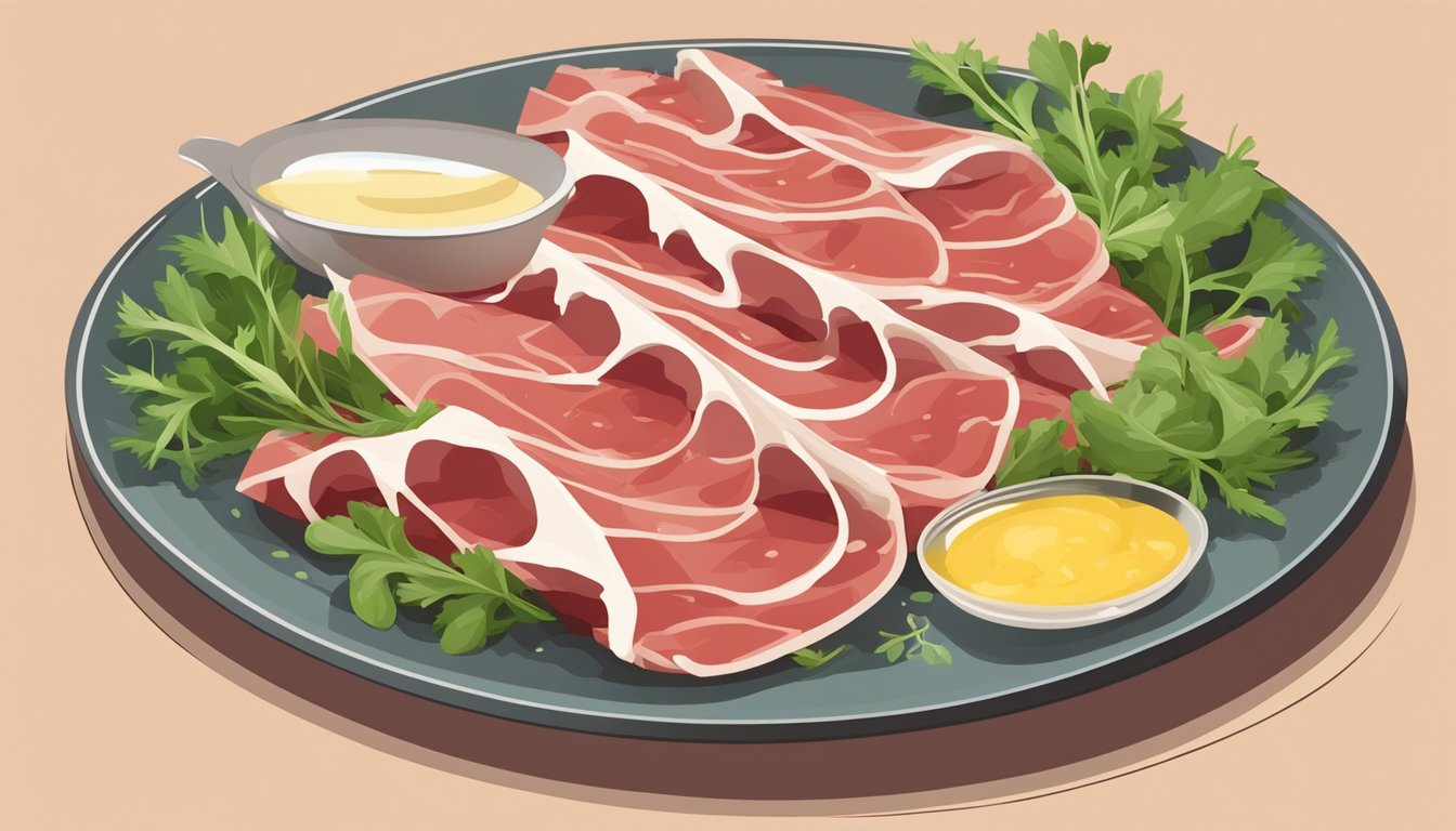 A plate of thinly sliced raw meat with herbs and a drizzle of olive oil, accompanied by a side of arugula and shaved Parmesan cheese