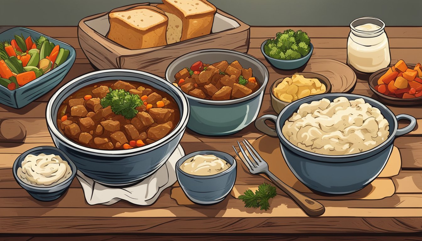 A steaming bowl of goulash sits on a rustic wooden table, surrounded by colorful side dishes of pickled vegetables, crusty bread, and creamy mashed potatoes