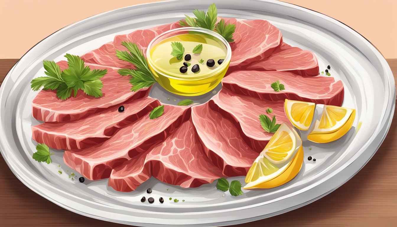 A plate of thinly sliced raw beef or fish with garnishes, served on a white, round dish with a drizzle of olive oil and a sprinkle of black pepper