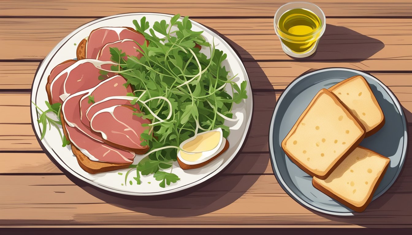 A plate of thinly sliced raw meat topped with arugula, parmesan, and a drizzle of olive oil, surrounded by a few slices of crusty bread