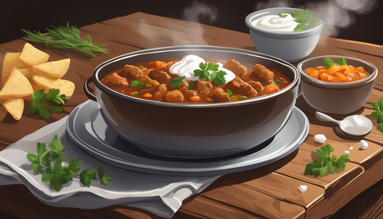 A steaming bowl of goulash sits on a rustic wooden table, garnished with a dollop of sour cream and a sprinkle of fresh herbs