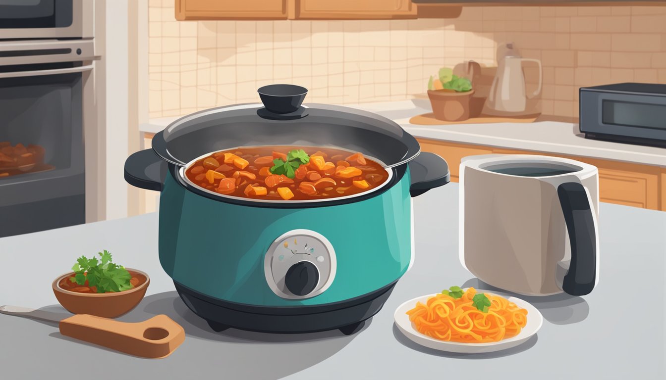 A bowl of goulash sits on a kitchen counter next to a microwave. The steam rises from the hearty stew as it is reheated for a delicious meal