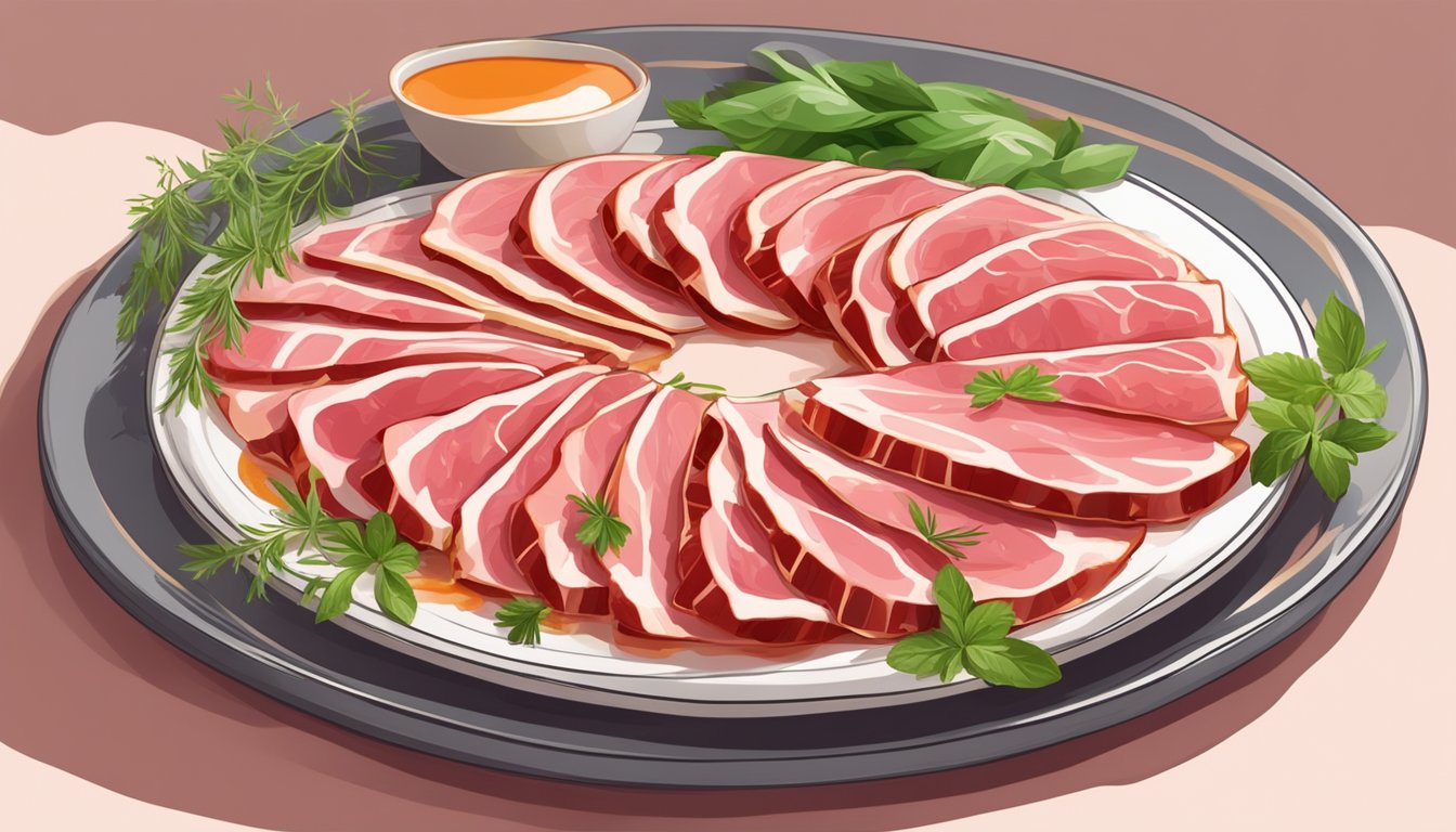 Thin slices of raw meat arranged on a plate with drizzled sauce and garnished with herbs and spices