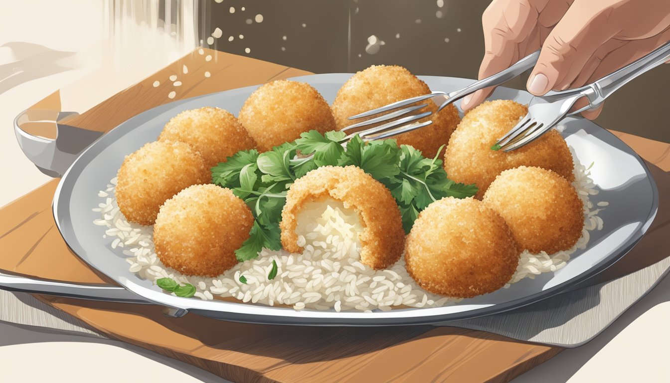 A plate of arancini is being cut into with a fork, revealing the steam rising from the crispy exterior and the creamy rice filling inside