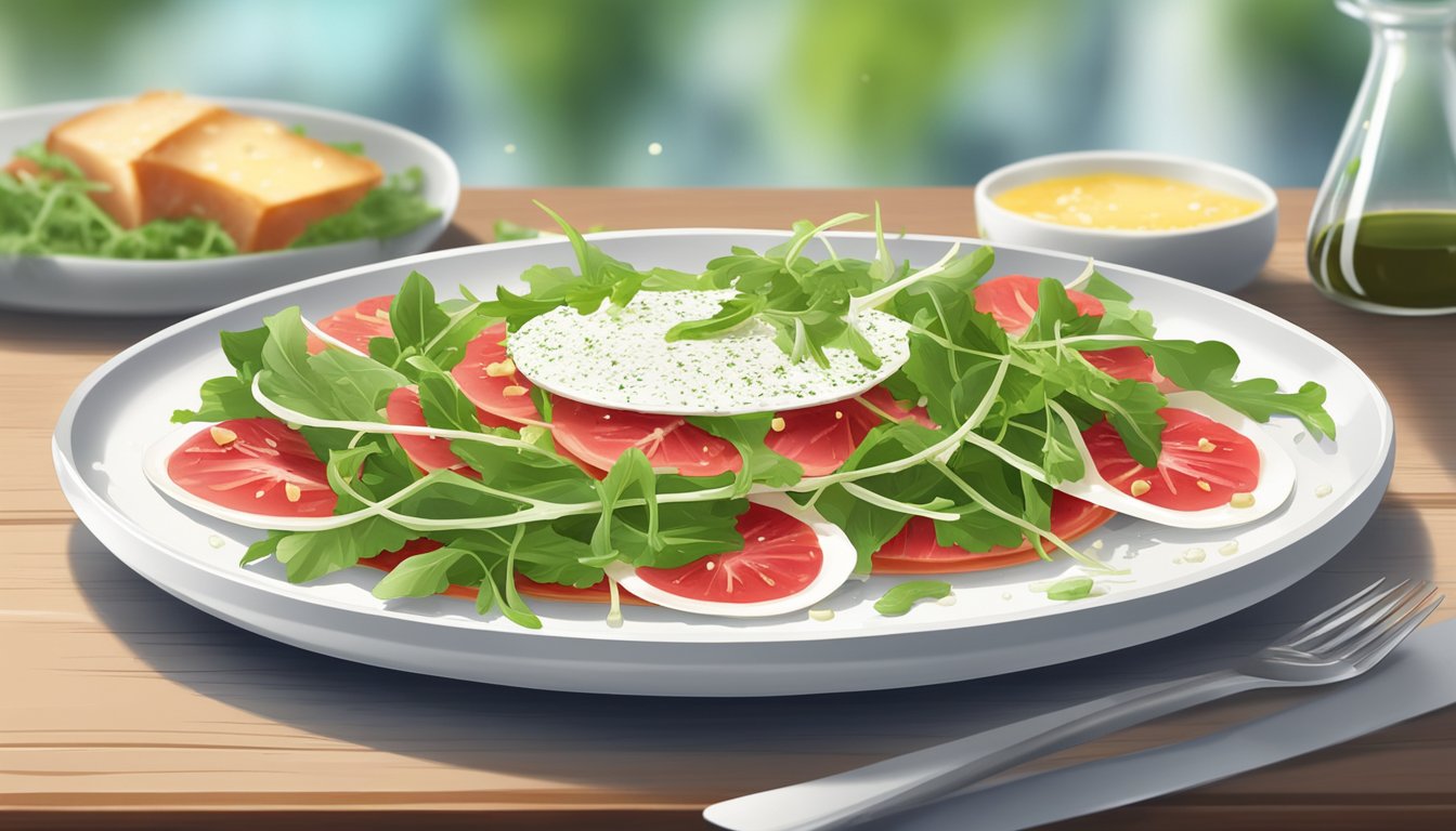 A plate of carpaccio served on a white, circular dish with a drizzle of olive oil, topped with arugula and shaved parmesan cheese