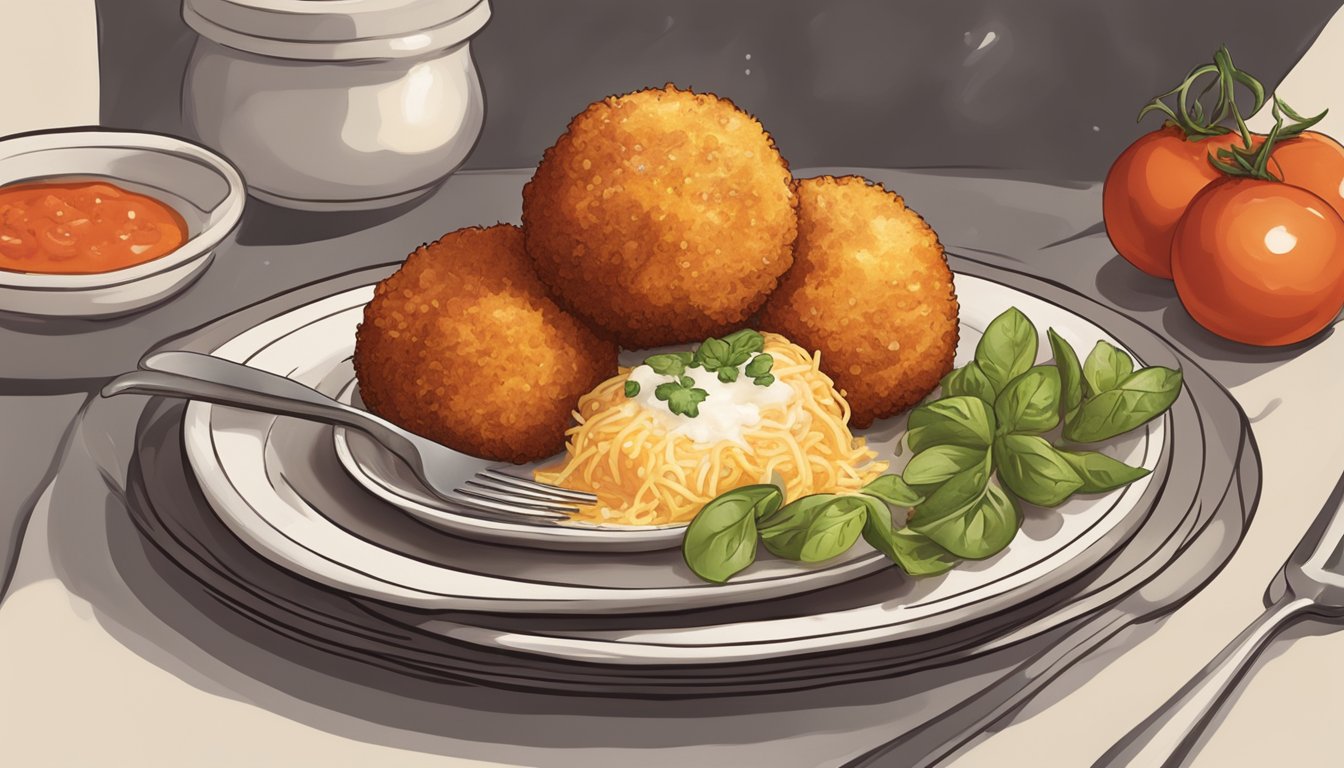 A plate of golden brown arancini surrounded by marinara sauce, with a fork piercing one to reveal the steamy, cheesy interior