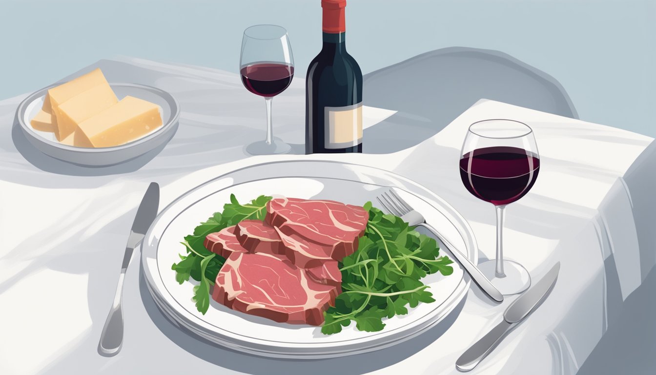 A plate of thinly sliced raw beef with arugula and parmesan, accompanied by a glass of red wine on a white tablecloth