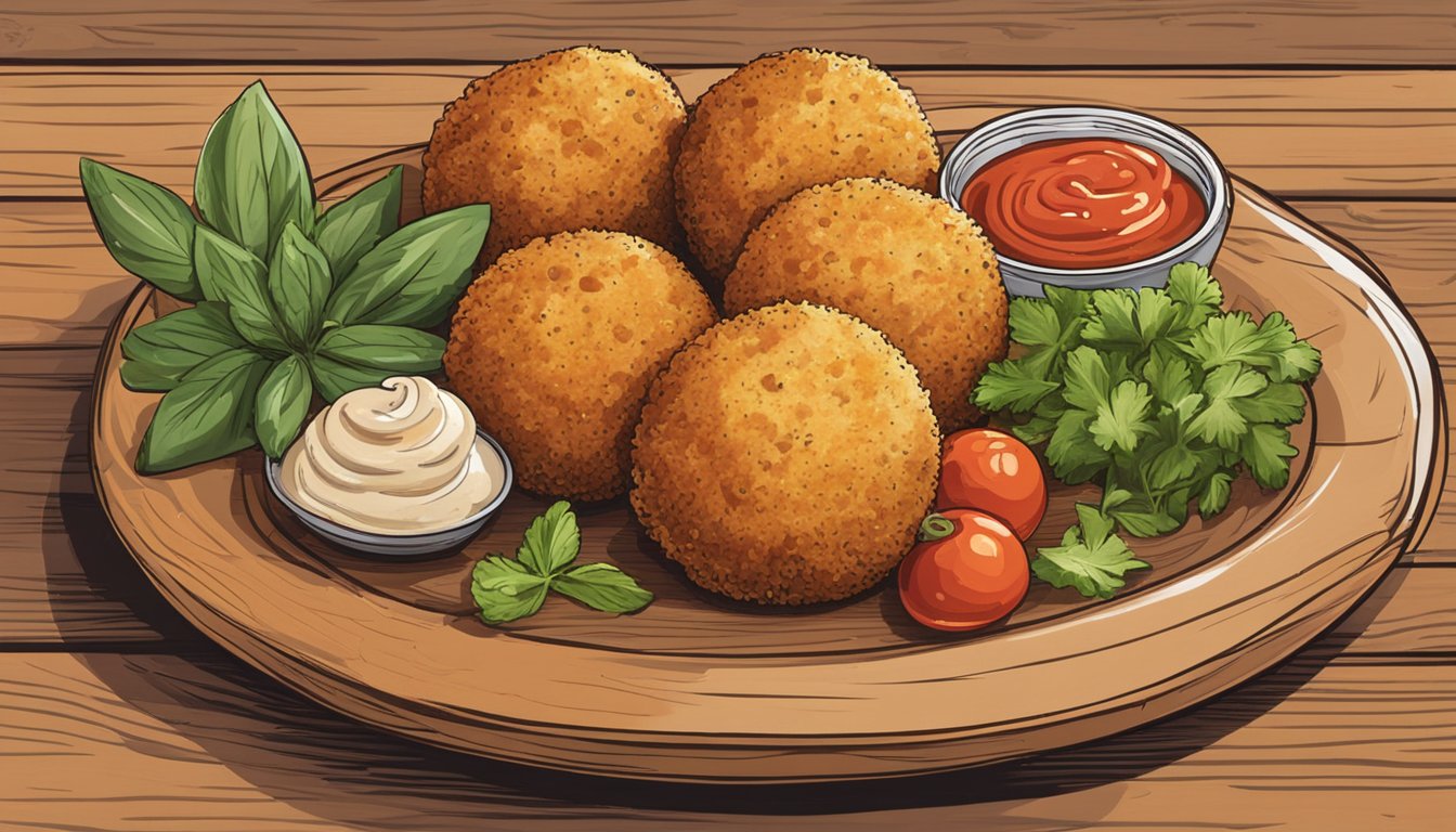 A plate of arancini sits on a rustic wooden table, garnished with fresh herbs and accompanied by a small dish of marinara sauce