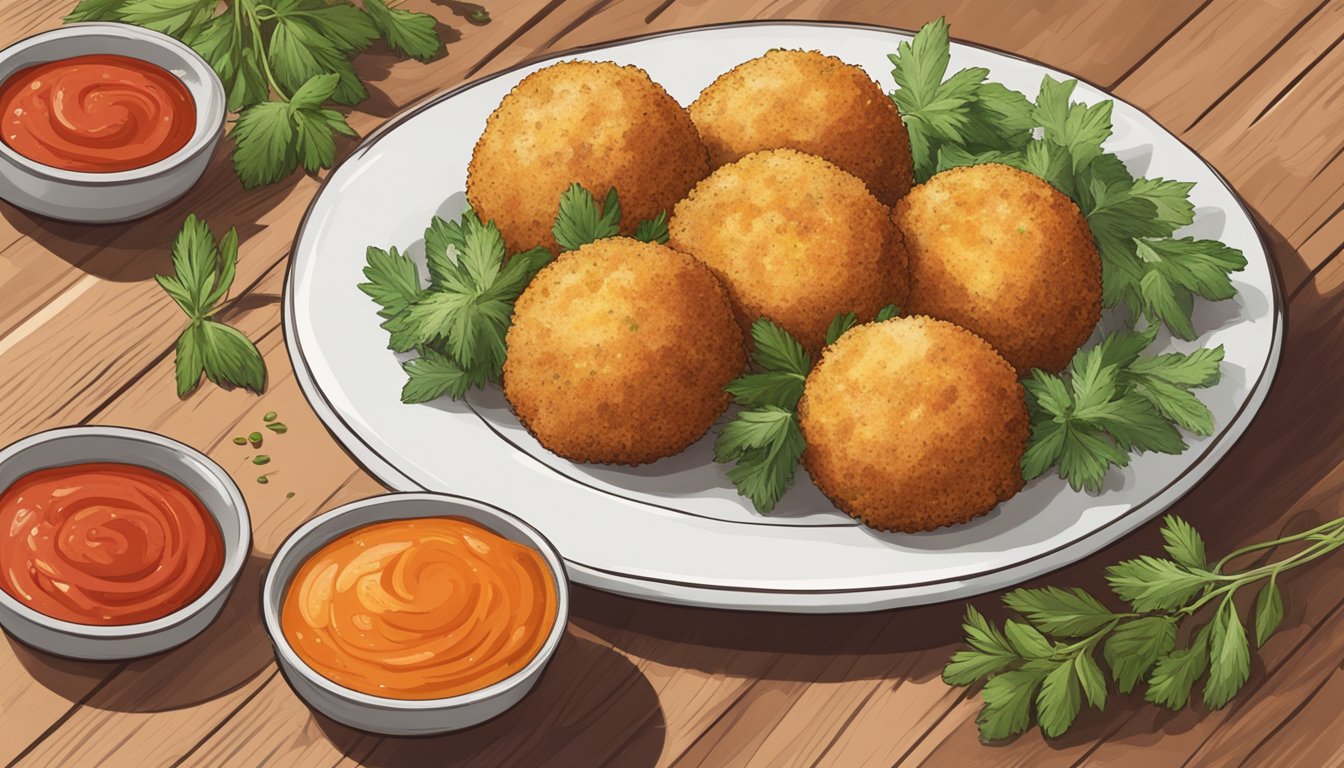 A plate of arancini sits on a wooden table, surrounded by fresh herbs and a side of marinara sauce