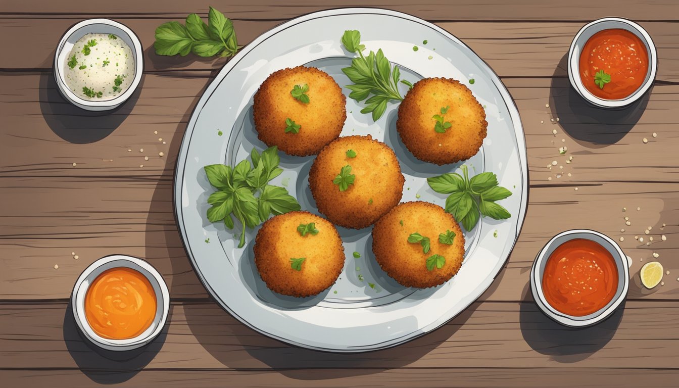 A plate of arancini in various flavors arranged on a rustic wooden table, with a side of marinara sauce and a sprinkle of fresh herbs