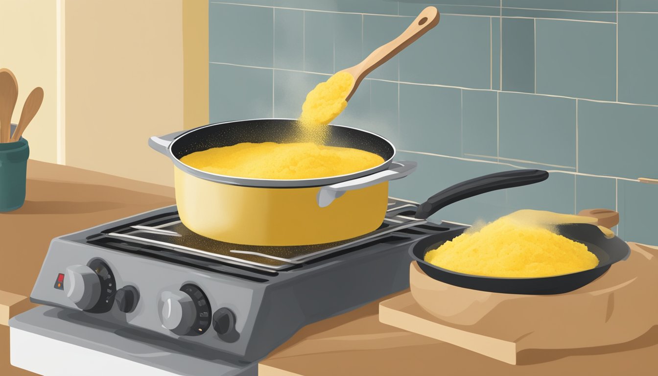 A pot of polenta being stirred with a wooden spoon over a stovetop, with a bowl of leftover polenta being heated in the microwave