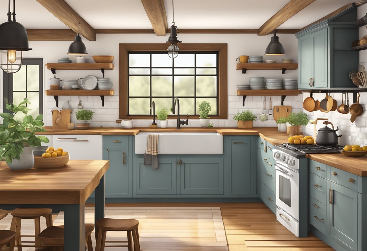 A cozy kitchen with warm lighting, rustic fixtures, and vintage hardware. A farmhouse sink, hanging pots, and a wooden island complete the inviting space