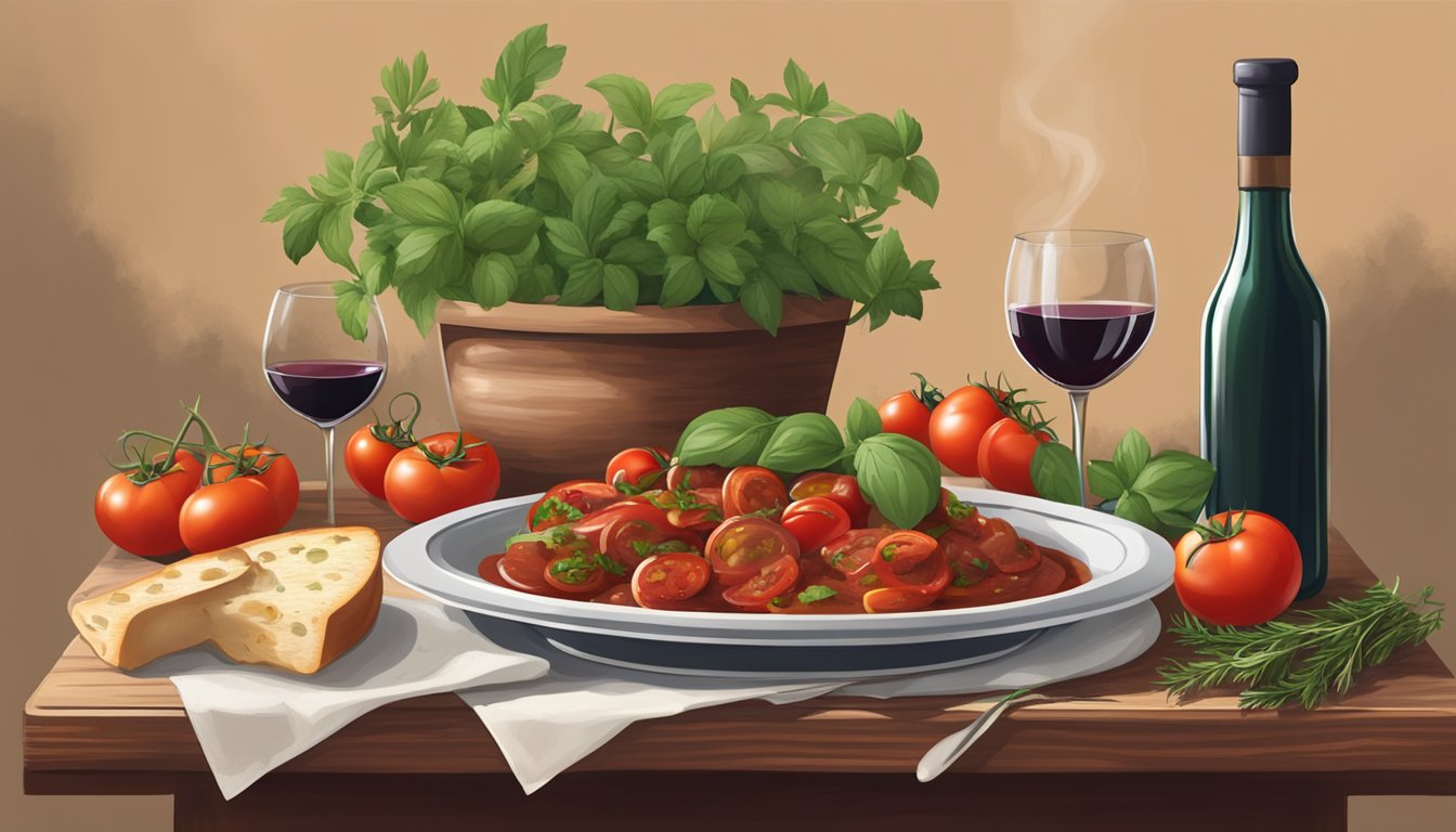 A rustic table set with a steaming plate of cacciatore, surrounded by fresh herbs, tomatoes, and a bottle of red wine