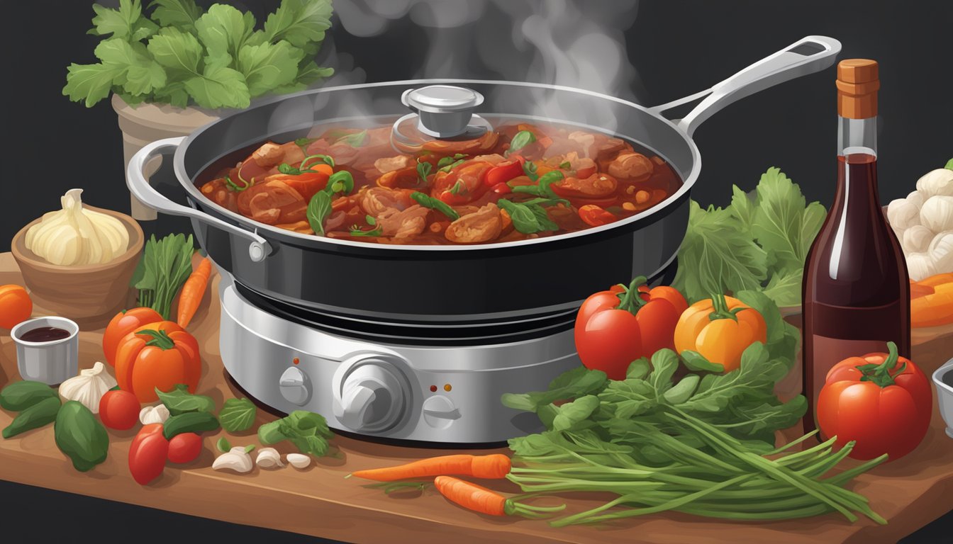 A steaming pot of cacciatore simmering on a stovetop, surrounded by fresh vegetables, herbs, and a bottle of red wine