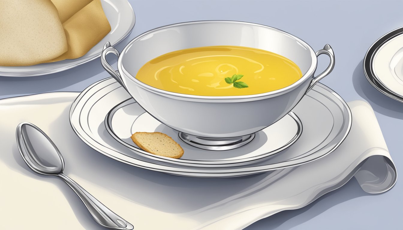 A table set with a delicate soup bowl, spoon, and napkin