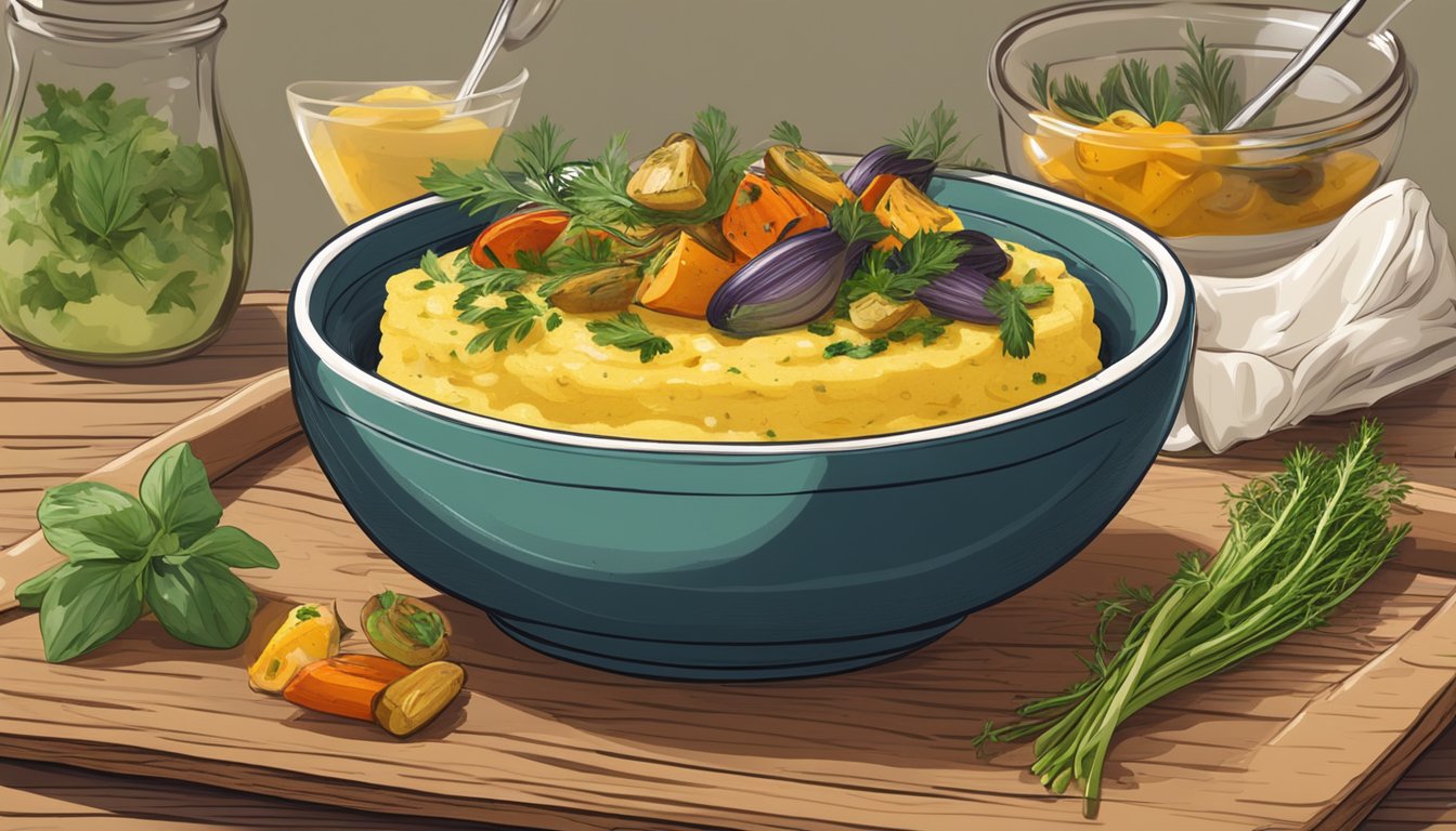 A bowl of creamy polenta topped with grilled vegetables and fresh herbs on a wooden table