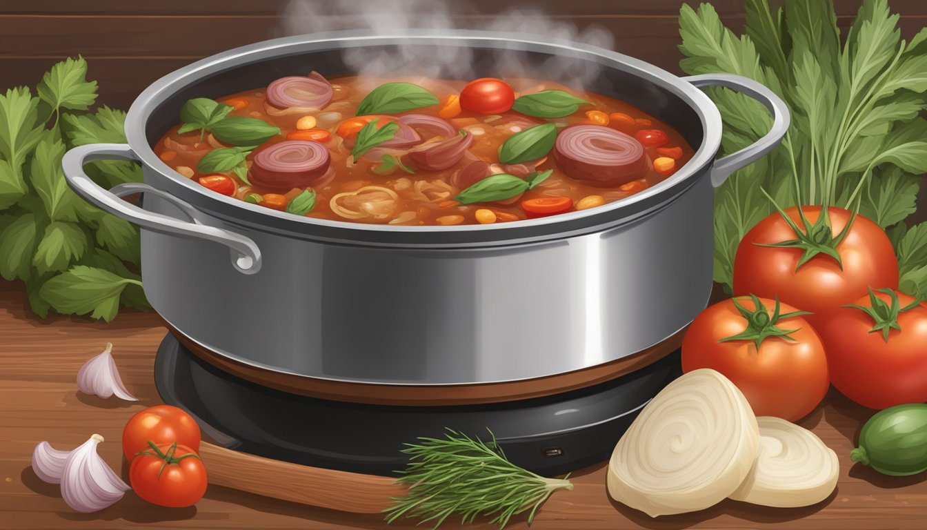 A steaming pot of cacciatore simmers on a stovetop, surrounded by fresh herbs, tomatoes, and onions. A wooden spoon stirs the rich, savory sauce