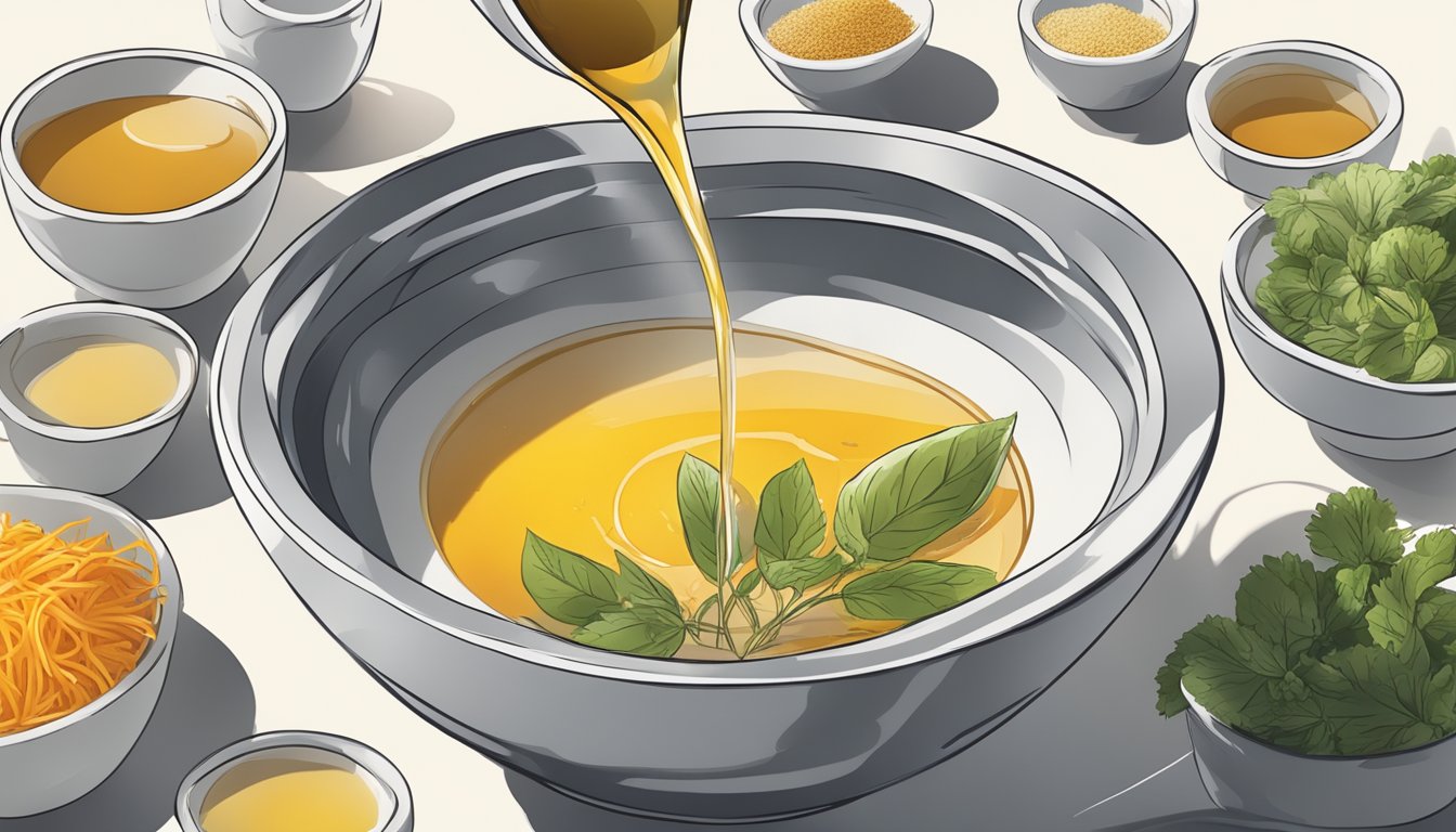 A bowl of consommé being drizzled with a thin stream of seasoning from above