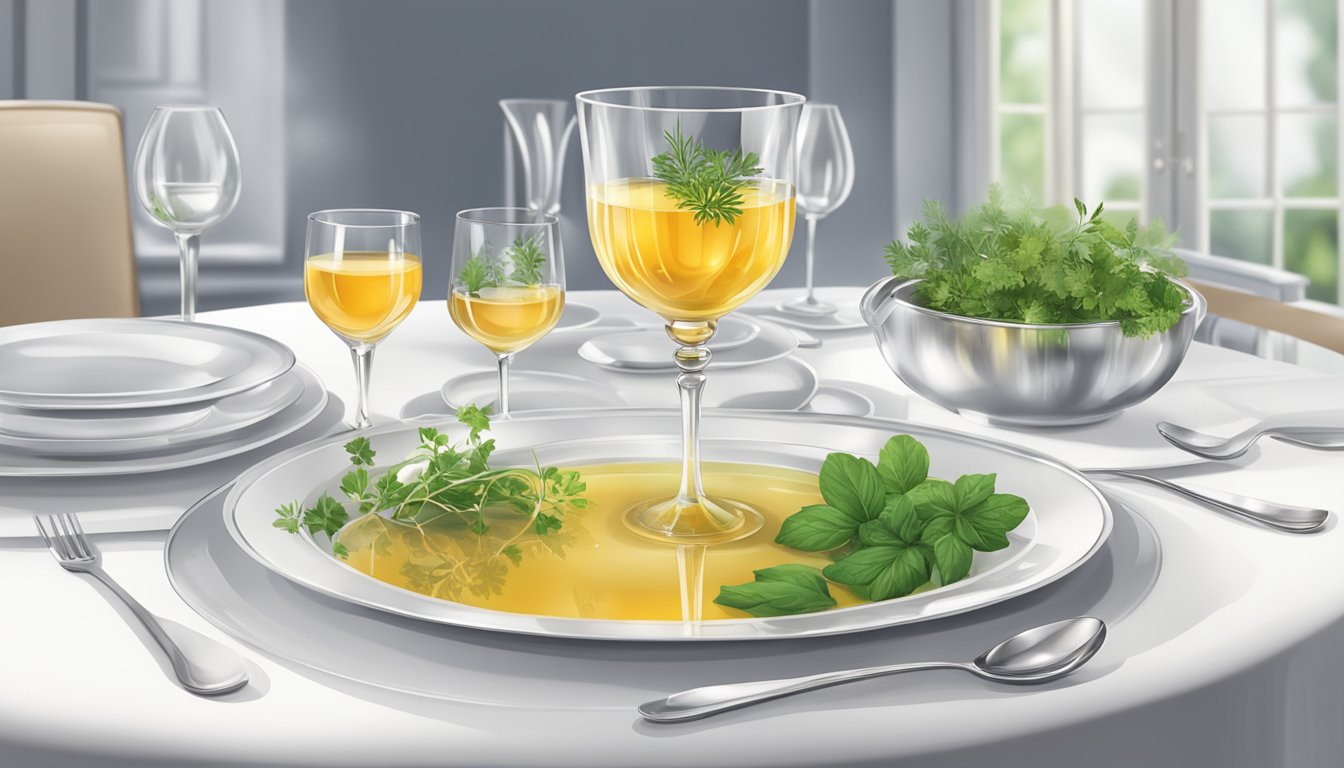 A elegant dining table set with a crystal bowl of consommé, accompanied by delicate soup spoons and a garnish of fresh herbs